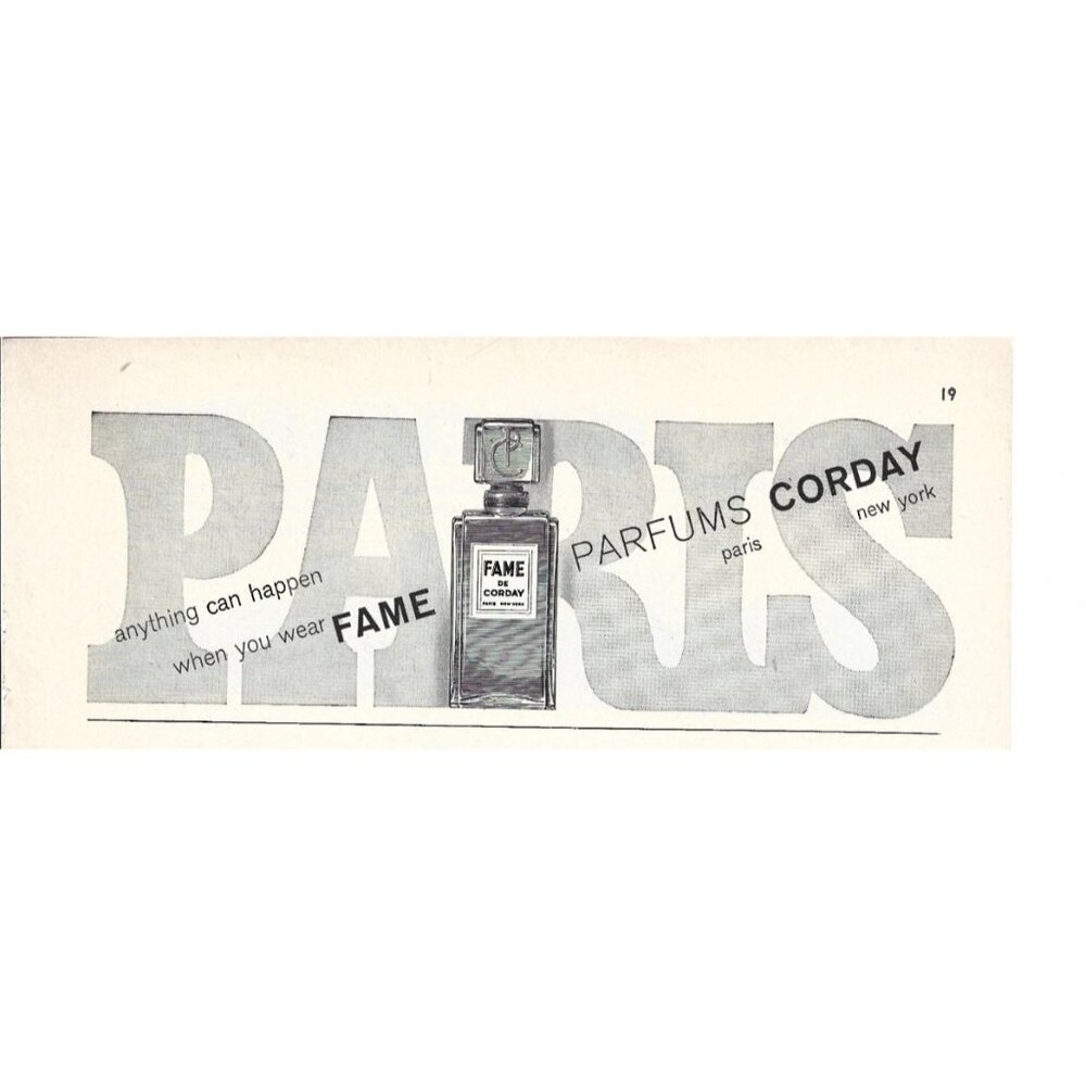 Fame de Corday Perfumes Paris Parfums 1950s Vintage Print Ad 9 inch Tall